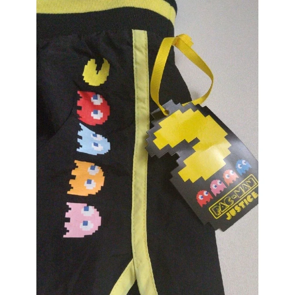 Justice Pac-man Black Athletic Shorts Yellow Trim Character Accents L 12/14 New